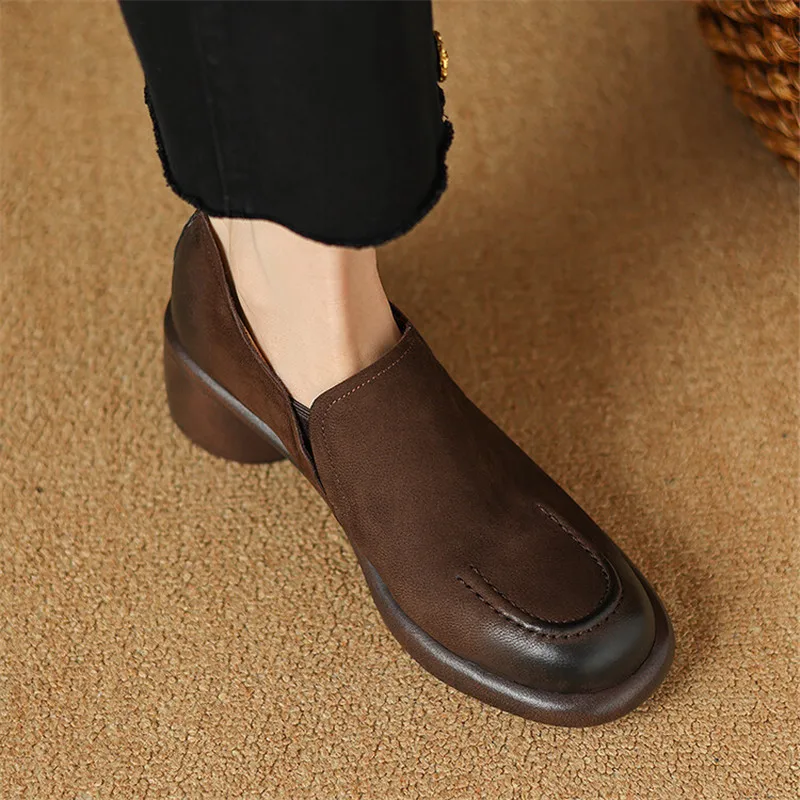 New Autumn Genuine Leather Women Shoes Fashion Round Toe Shoes for Women Chunky Heel Loafers Zapatos Mujer Women Pumps Brown