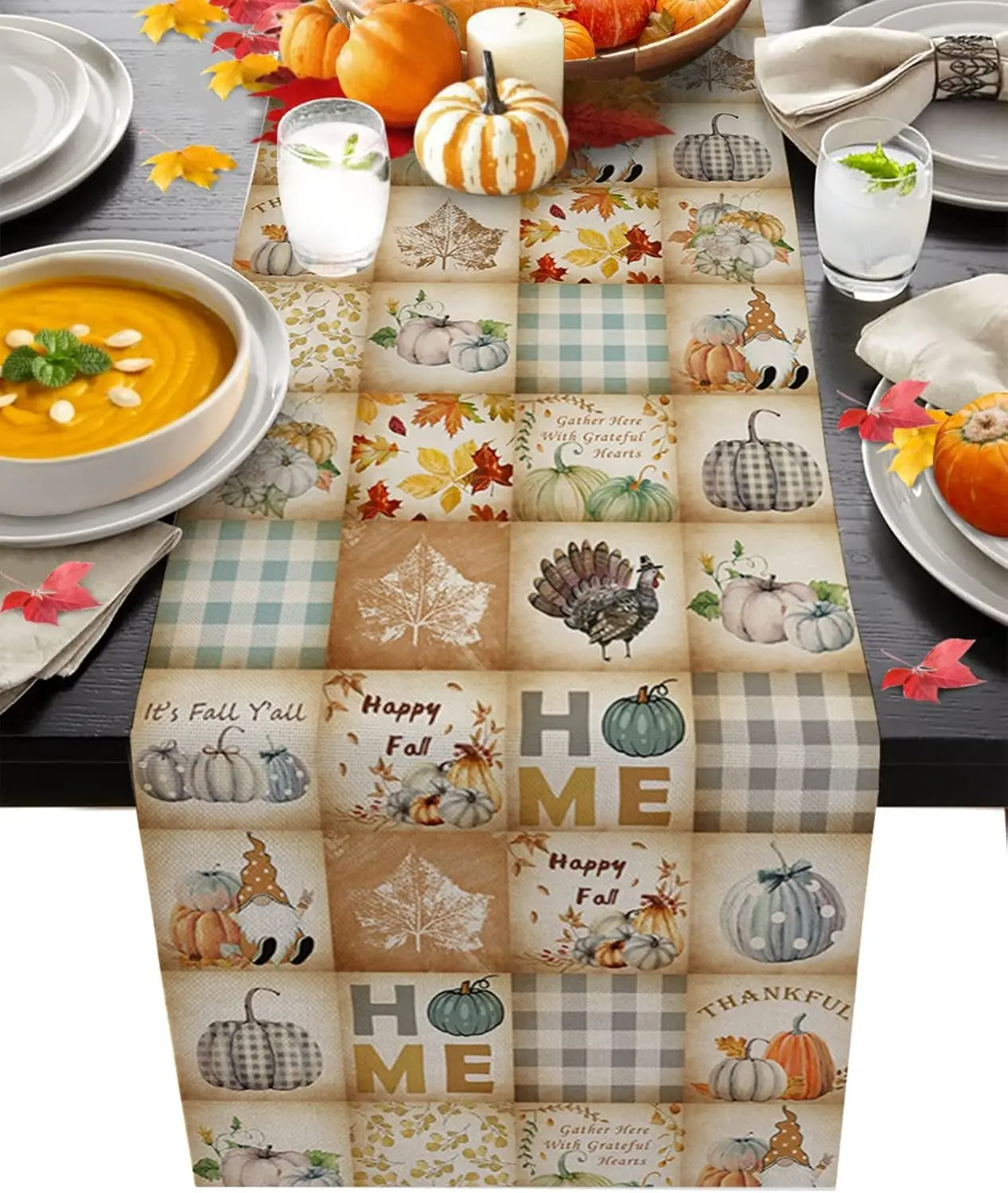 

Autumn Thanksgiving Pumpkins Turkey Linen Table Runner Home Decor Fall Harvest Gnome Maple Leaf Table Runners Thanksgiving Decor