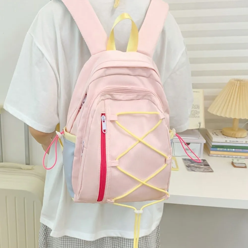 Multi-pockets Drawstring Backpack Large Capacity Solid Color Student School Bag Cloth Dopamine Travel Rucksack