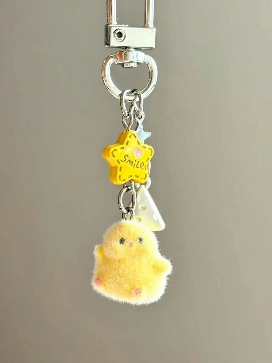1pc Women's Flocked Cartoon Chick Keychain, Mini Star Cheese Pendant Accessory, Cute Earphone/Bag Keychain Gifts For Mother, Fat