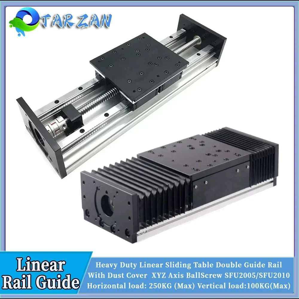 Heavy Duty Linear Slide Table HGR20 Double Guide Rail Ballscrew Linear With Dust Cover SFU2010/2005 4PCS HGR20 CNC Block 200KG
