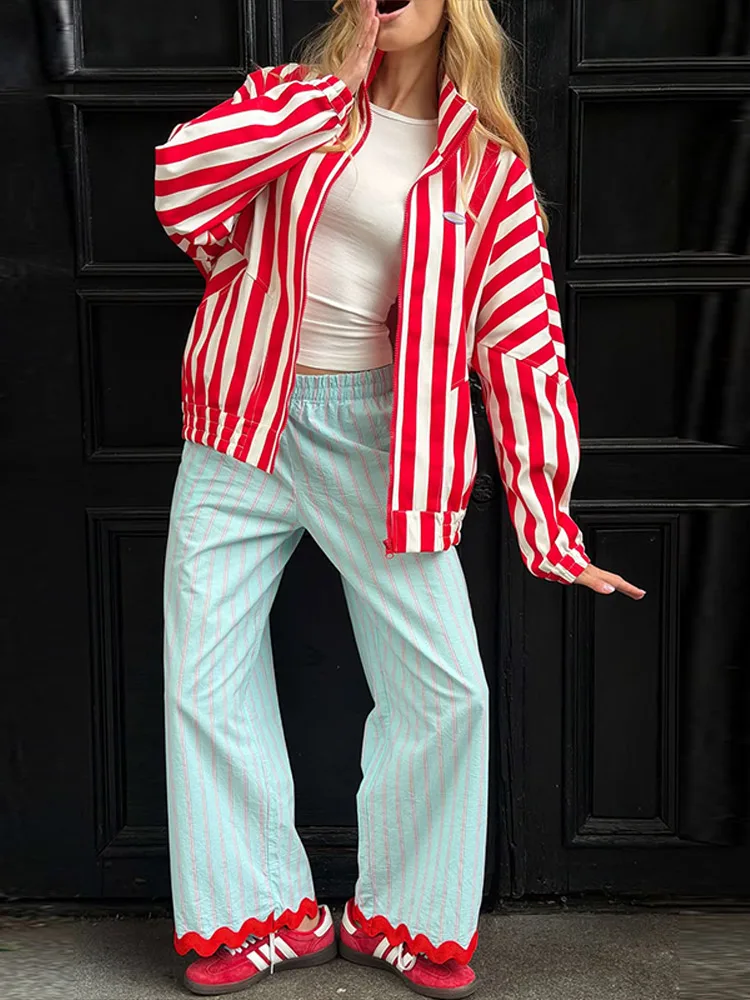 Loose Contrast Striped Wide‑Leg Women's Pants Elastic High Waist Beach Vacation Trousers Female 2026 Summer Y2k Lounge Pants