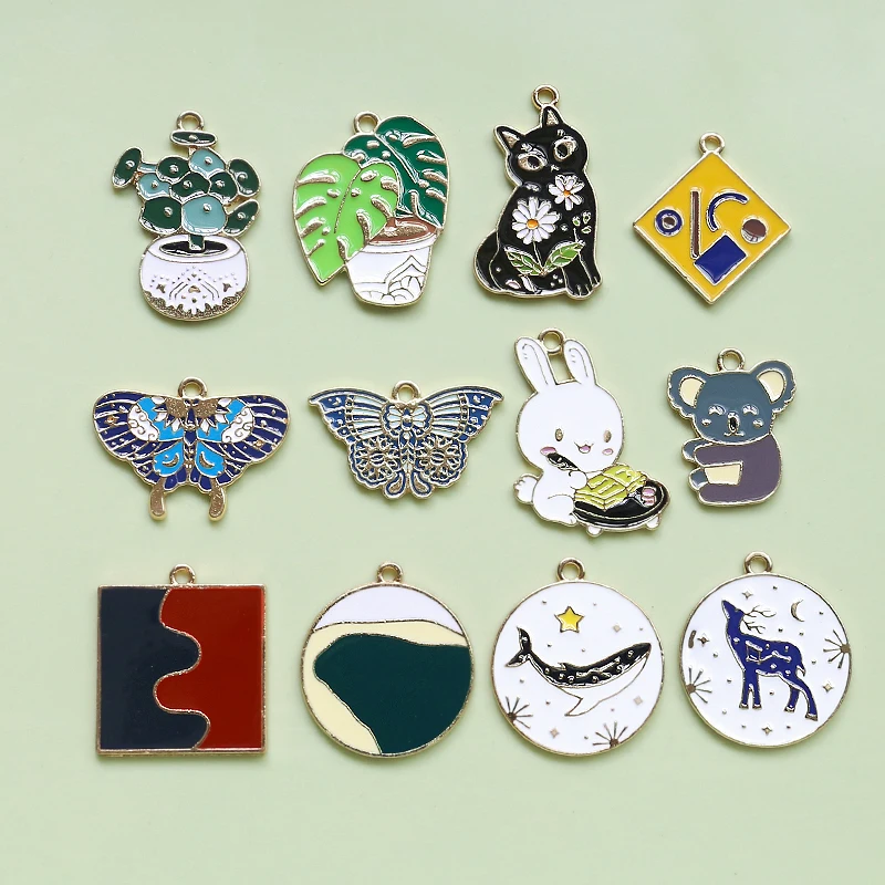 1pcs Alloy Drip Oil Green Plant Cat Butterfly Koala Animal Pendant Diy Handmade Jewelry Keychain Pendant Material Charms