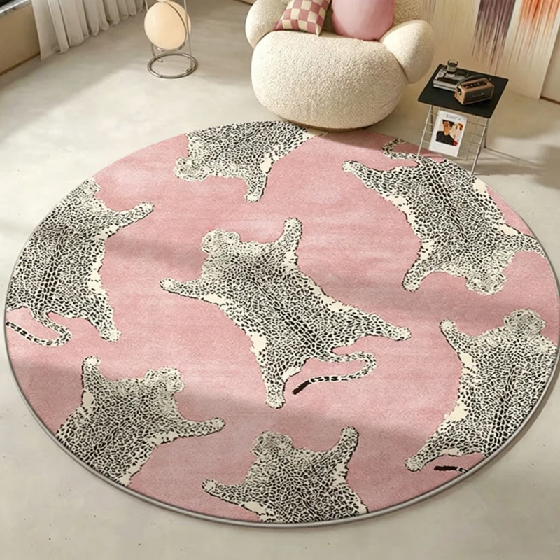Round Living Room Carpet Soft Comfortable Floor Mat Pink Leopard Rug Non-slip Machine Washable Foot Mats Home Decoration Rugs
