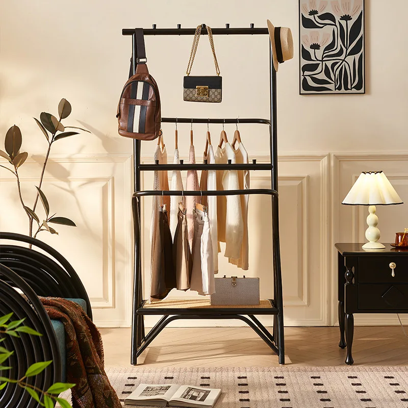 AOLIVIYA Bedroom Standing Coat Rack Floor Hat Hanger Clothing Storage Rack Nordic Wood Rattan Shelf