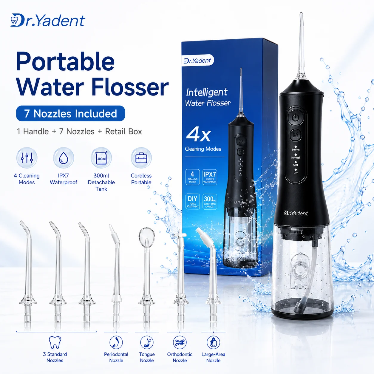 Dr.Yadent YD06 Irrigateur buccal sans fil WaterFlosser 300ML Jet d'eau portable Charge rapide USB-C 7 buses 4 modes Étanche IPX7