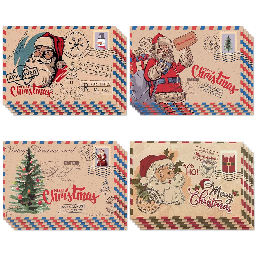 5PCS Vintage Cowhide Christmas Greeting Cards Cute Cartoon Christmas Gift Cards Antique Postcards Christmas Wishes Gifts