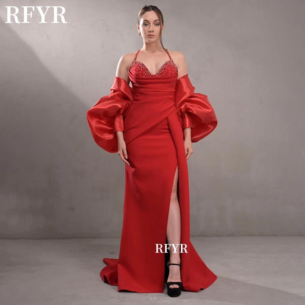 

RFYR Beading Evening Dress Detachable Sleeve Prom Dress High Slit Prom Dress Mermaid Princess Dress for Arabic Women Customized