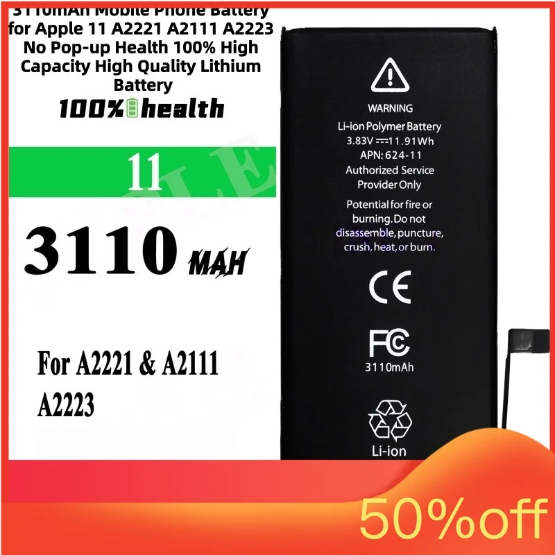 3110mAh Mobile Phone Battery for Apple 11 A2221 A2111 A2223 No Pop-up Health 100% High Capacity High Quality Lithium Battery
