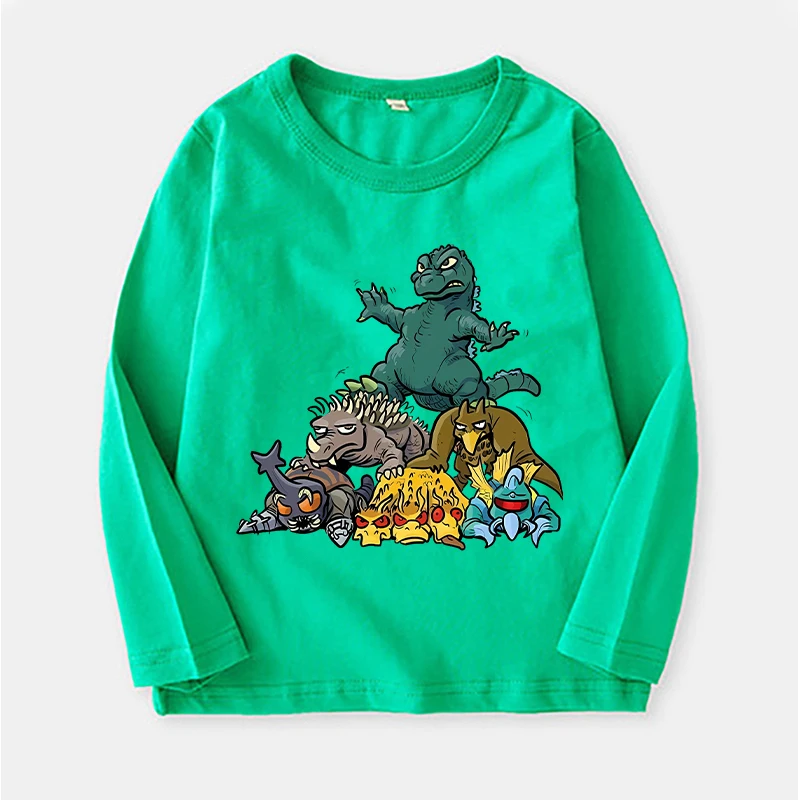 Godzilla Kong Boys T-Shirt Movie Cartoon Long Sleeve Tees Kids Thin Autumn Pullover Tops Cotton Casual Clothes Anime Child Gifts