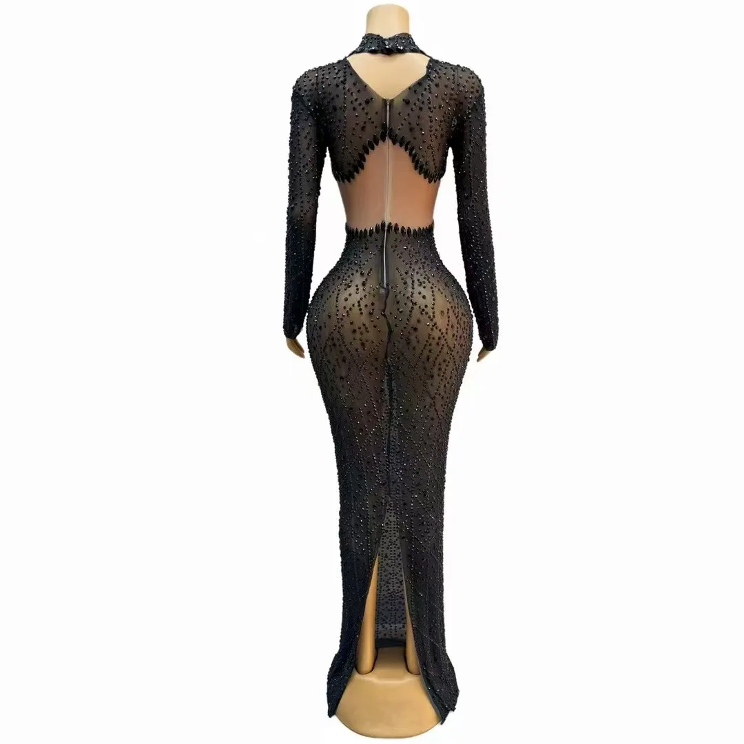 Sukienka Damska Wieczorowa Bal Studniówkowy Suknia Czerwony Dywan Kostium Seksowna Scena Elegancka Niebieska Błyszczące Dżety Przezroczysta Siateczka Długie Rękawy