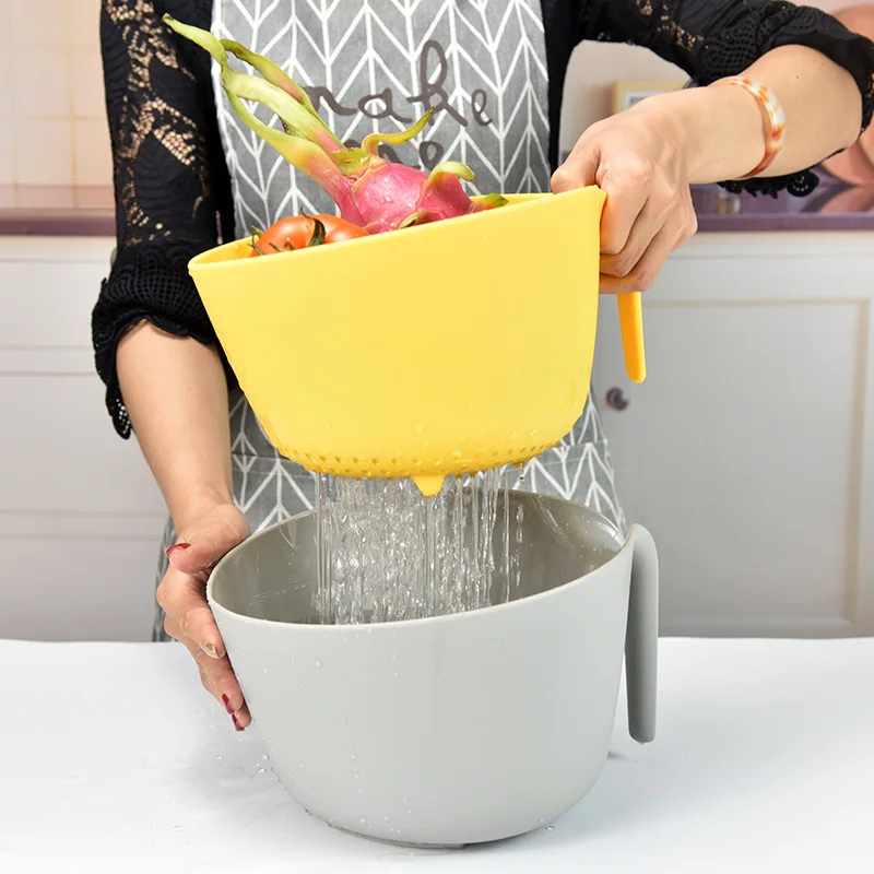 2 In 1 Colander With Long Handle Strainer And Mixing Bowl, Fruit Vegetable Washing Basket, Double Layered Strainer, Non-slip Bot