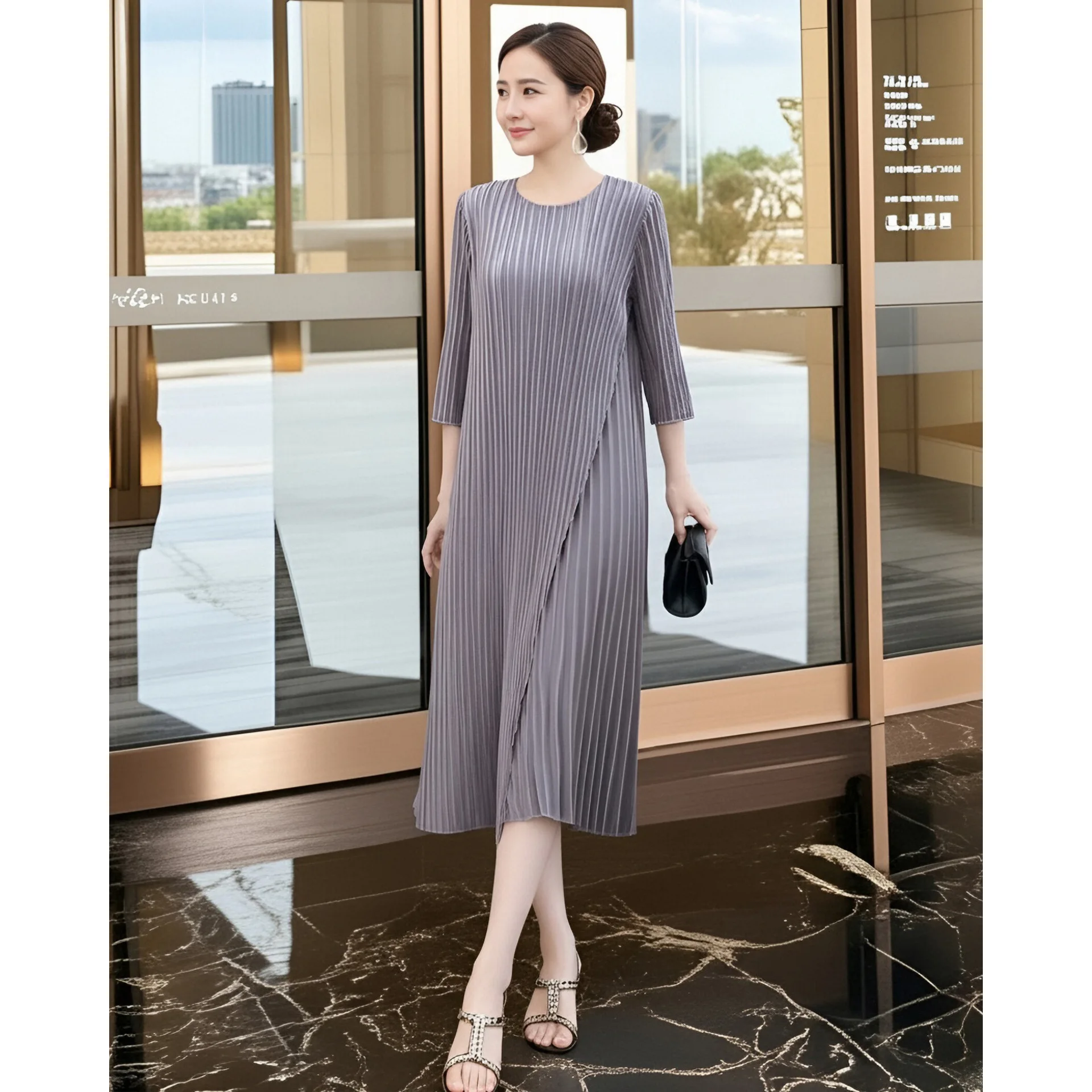 

Miyake Irregular Dress Women's Solid Color Elegant Round Neck Three-quarter Sleeves Loose Waist Mid-length A-line Skirt