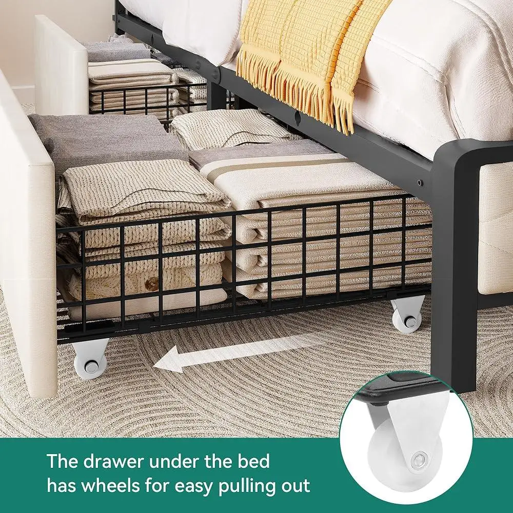 Queen Storage Bed Frame with 4 Drawers Upholstered Platform Dual USB Charging Ports Bookcase Headboard Noise Reduction Sturdy