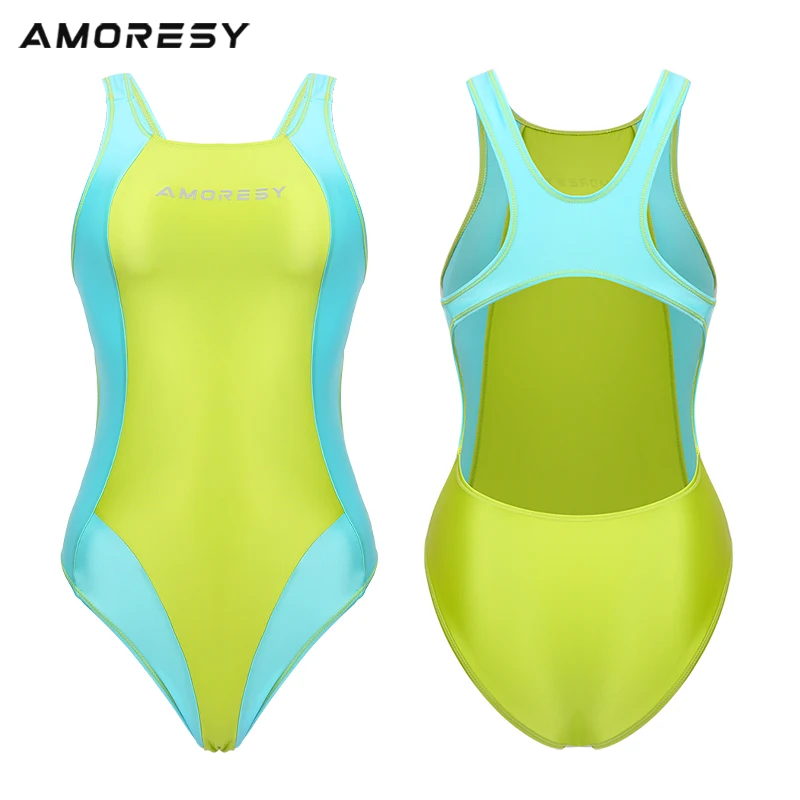 AMORESY Aphrodite series glossy color matching slimming sexy backless spandex competitive swimsuit