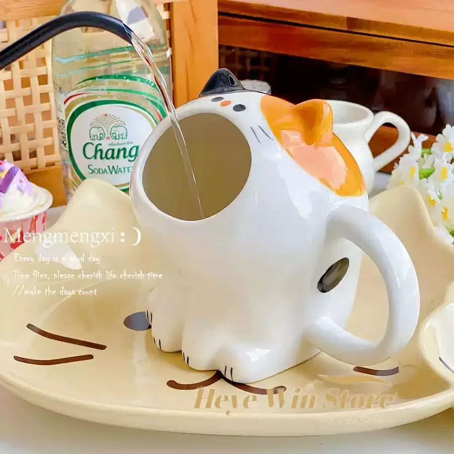 Cute Cat Mug, Cartoon Calico Cat Storage Rack, Desktop Pen Holder, Fun Gift Straw Cup, High-value Breakfast Milk Cup