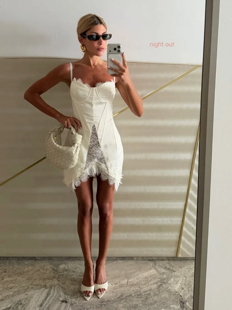 Sexy Spitzen-Minikleid mit Spaghettiträgern, dehnbarer, taillierter Bodycon-Rock, Sommer 2026, Strandparty, koreanische Freizeitkleidung