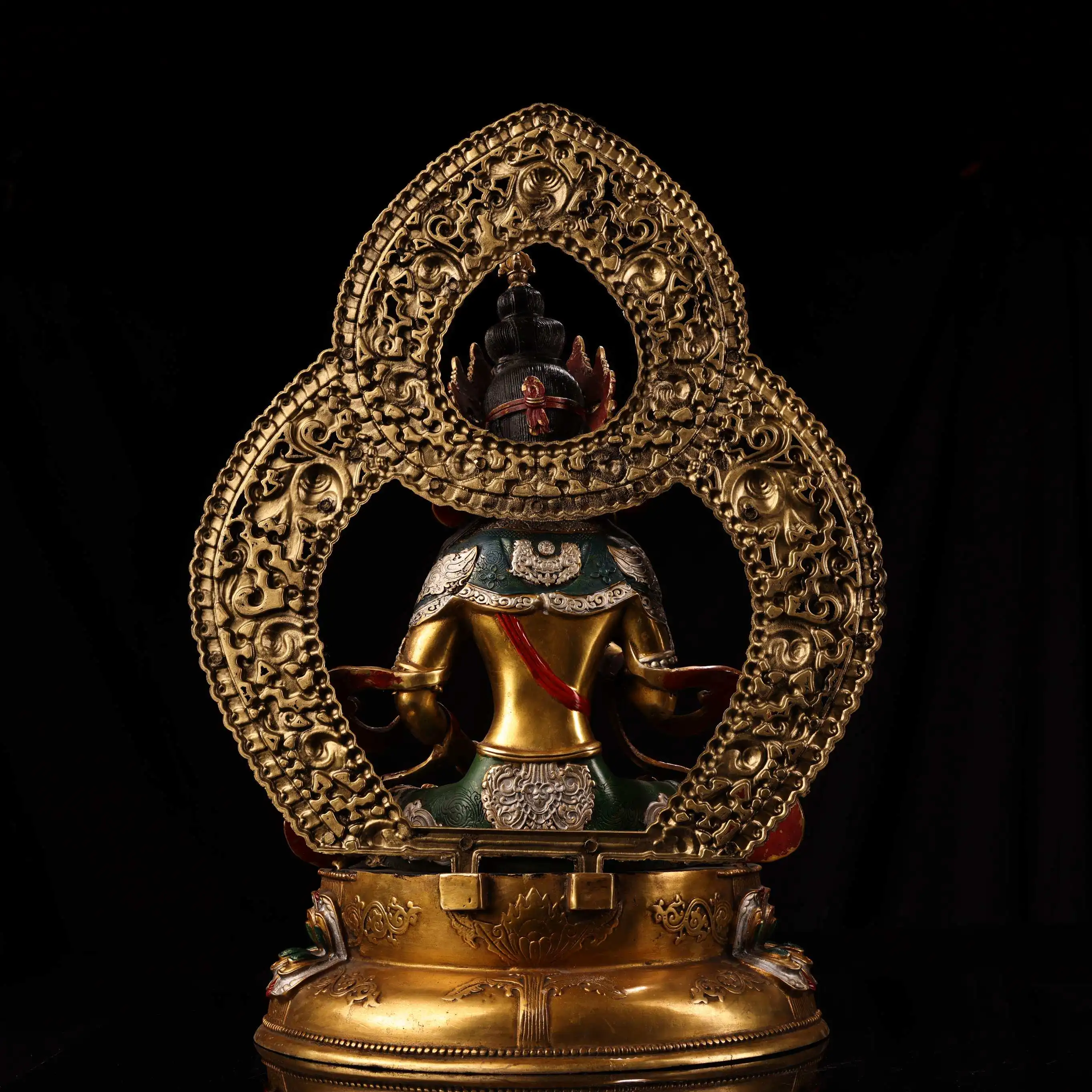 Old Copper Painted Gold Highlight Vajrasattva Buddha Figurine Serene Face Heavy Patina Fine Craft