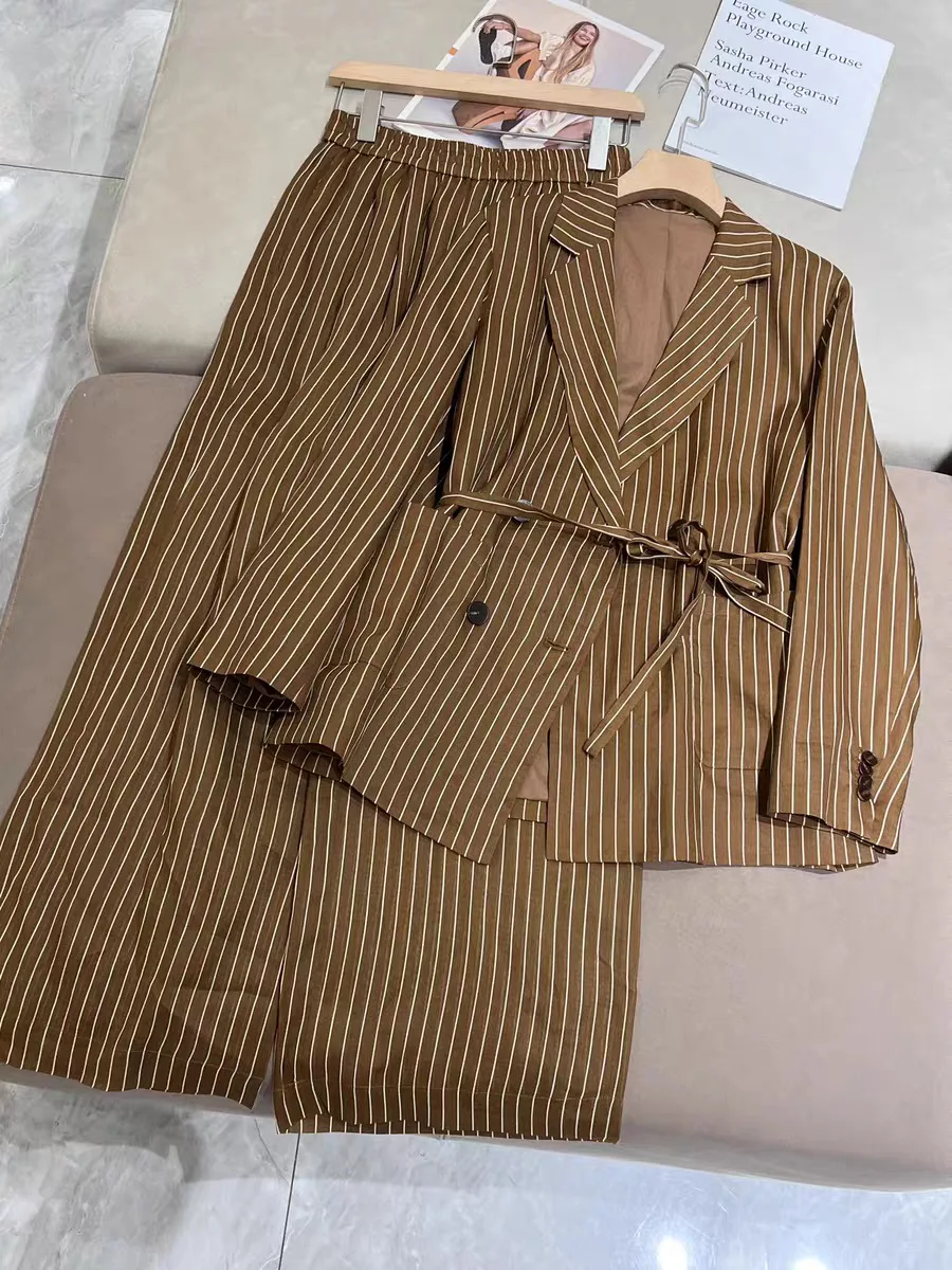 Autumn Winter 2024 Women's Striped Set Lace-up Double Breasted Blazer or Notched Sleeveless Vest or Elastic Waist Straight Pants