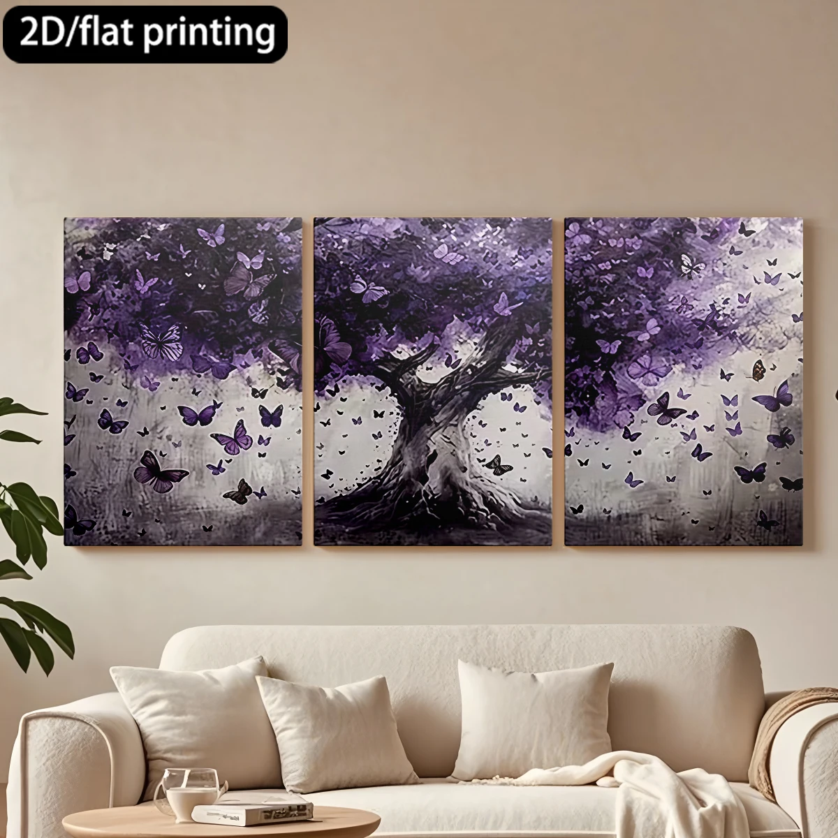 

3pc wooden frame canvas decorative painting Purple-hued tree, fluttering butterflies.Corridor, Living Room Decoration