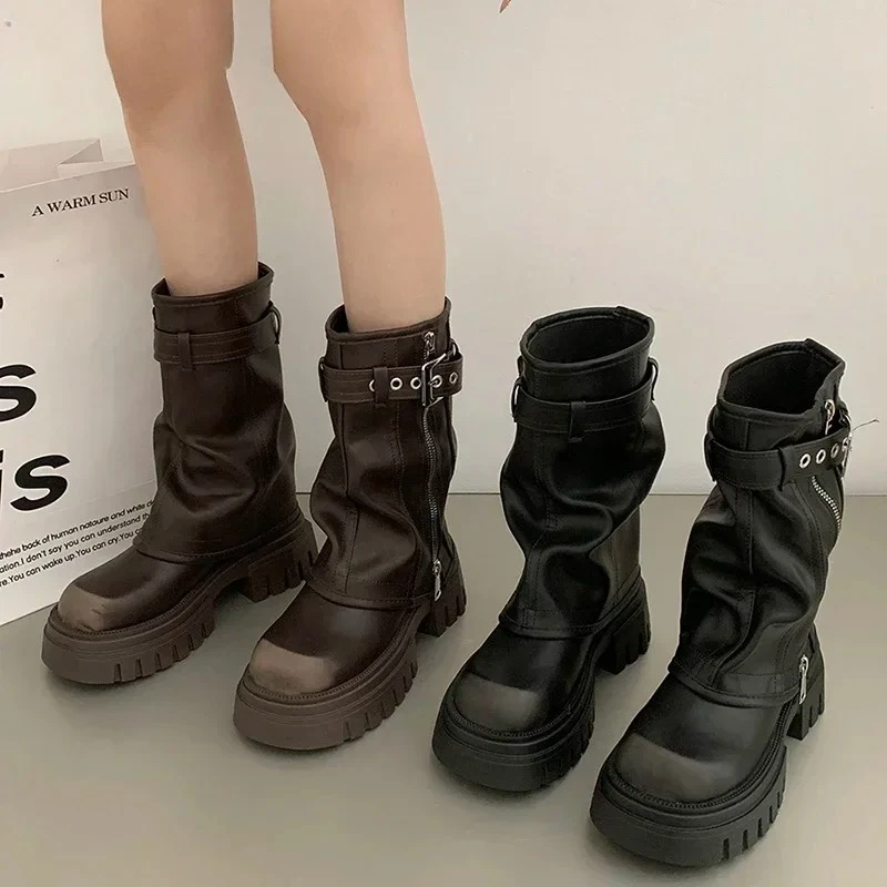 

Сапоги до середины икры на платформе, женские модные женские рыцарские сапоги с боковой молнией, новинка 2025, осенне-зимняя женская обувь на толстой подошве