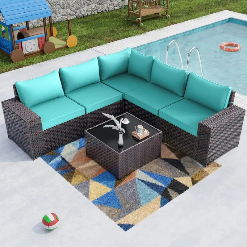 

Kullavik 6PCS Outdoor Patio Furniture Set PE Wicker Rattan Sectional Sofa Patio Conversation Sets,Blue