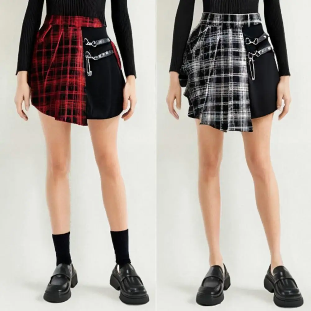 

Contrasting Color Pleated Skirt Women Checkered Mini Skirt Checkered Print Mini Skirt High Waist Metal Chains Decoration