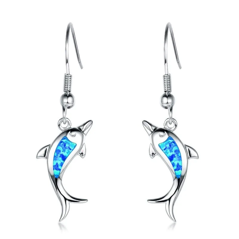 Trendy Cute Sea Animal Dolphin Drop Earrings for Women Imitation Blue Fire Opal Pendientes Dangle Earrings Wedding Party Jewelry