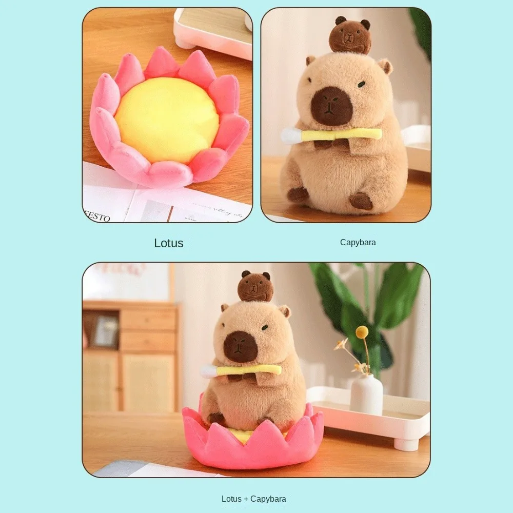 Fluffy Plush Lotus Capybara Plush Toy Brown Sitting Lotus Capybara Cotton Doll Soft Animal Sitting Lotus Capybara Doll