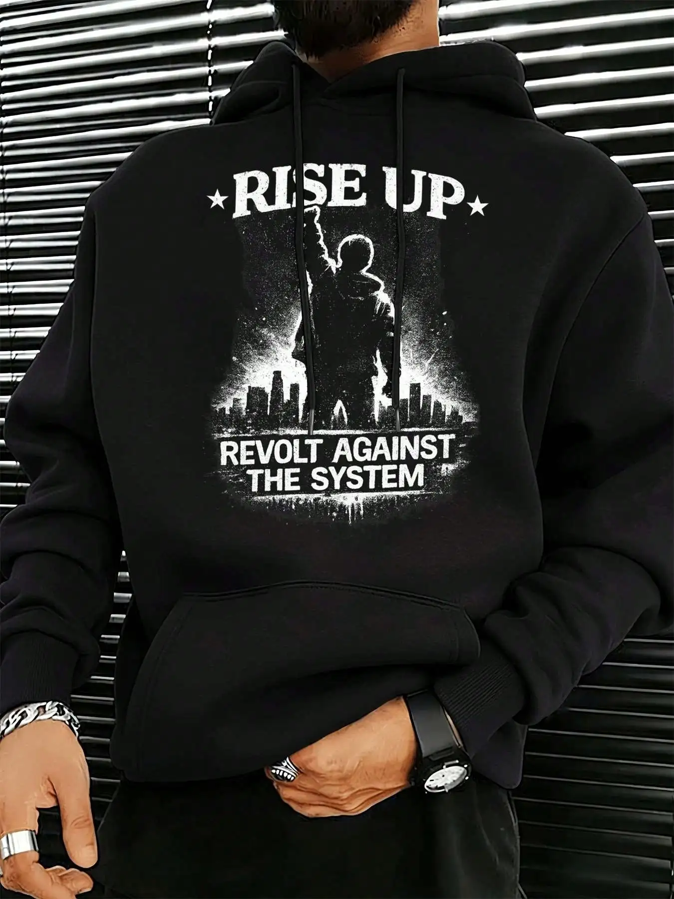 Mens Casual Pullover Hoodie, Rise Up Revolt Against The System Distressed Vintage City Silhouette Slogan Graphic Print Hooded Sweatshirt, Loose Fit Long Sleeve Hoody With Pocket For Street Urban Daily Wear