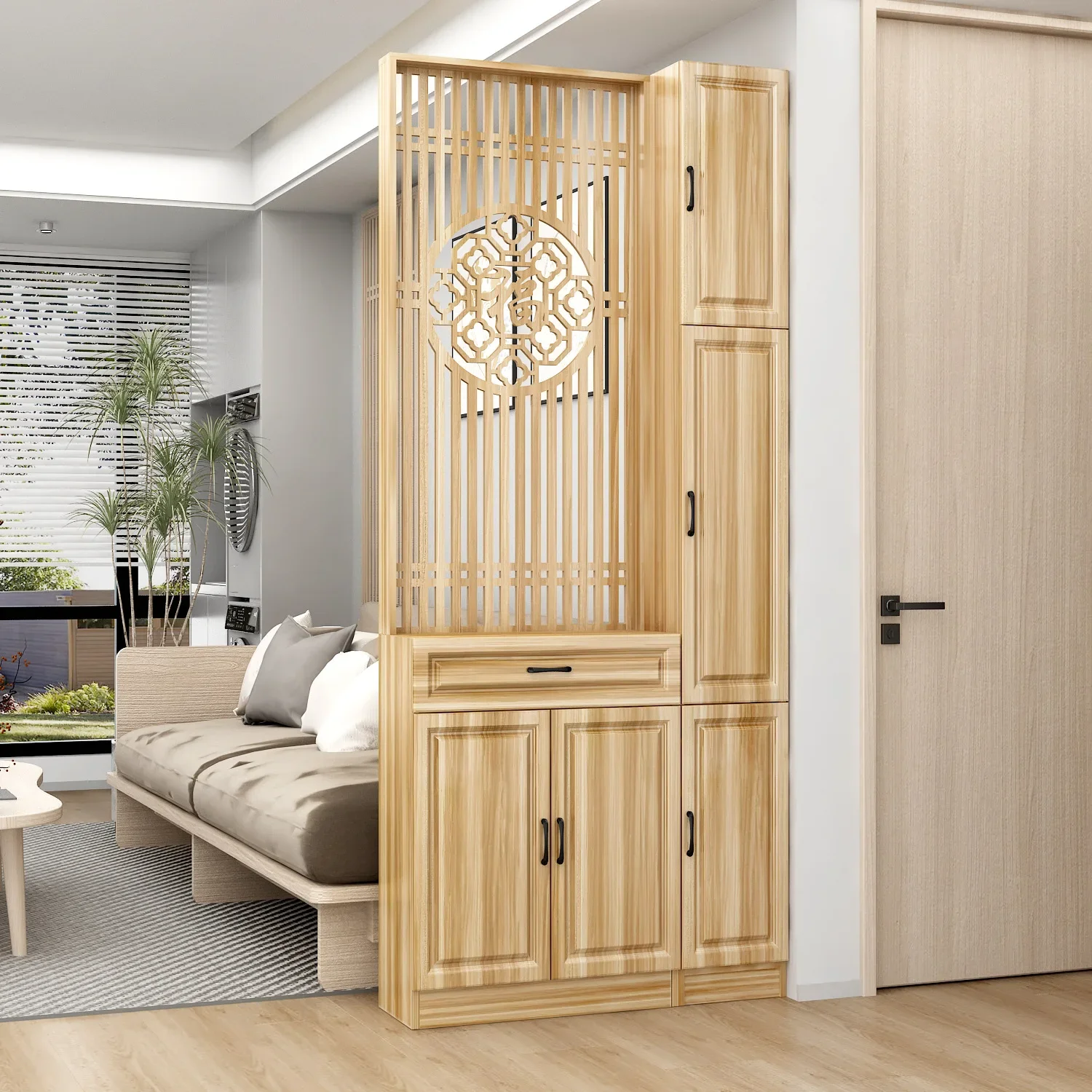 Screen partition, living room Chinese-style Fu character shelf, entering the door, solid wood is facing the door, and the entran