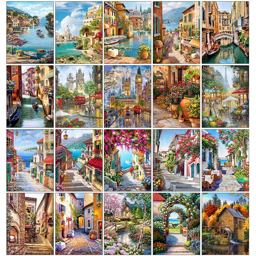 5D Diy Diamond Painting Street View Full Round Diamond Embroidery Landscape Mosaic Rhinestone Picture Home Decoration