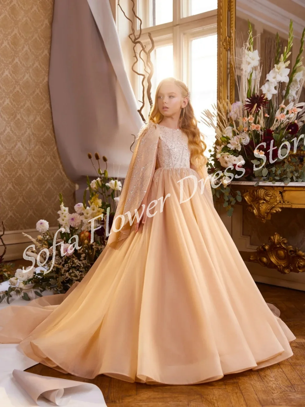 

Princess Flower Girl Dress Sequined Cap Sleeves A-Line Floor Length Shiny Ball Gowns First Communion Birthday Dresses Customized