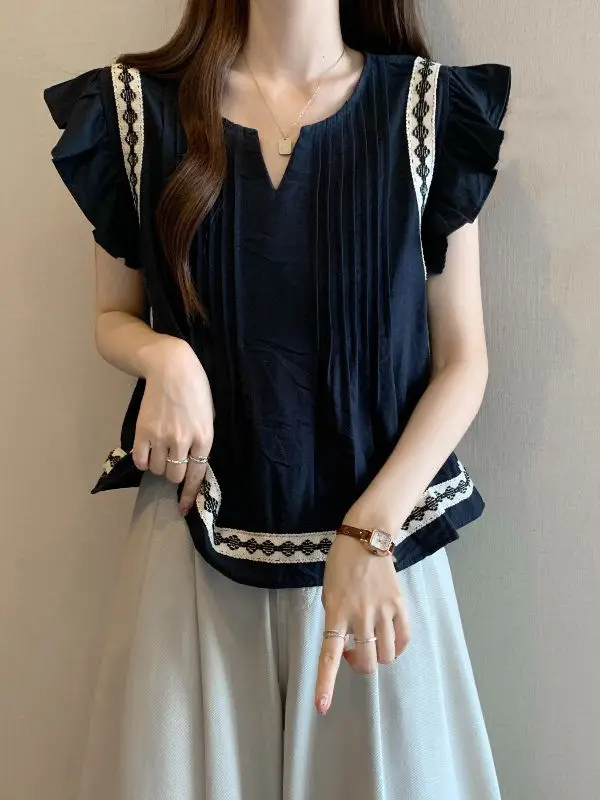 

2025 Summer New Fly Sleeve V-neck Shirt Fashion Loose Hooded Top For Women