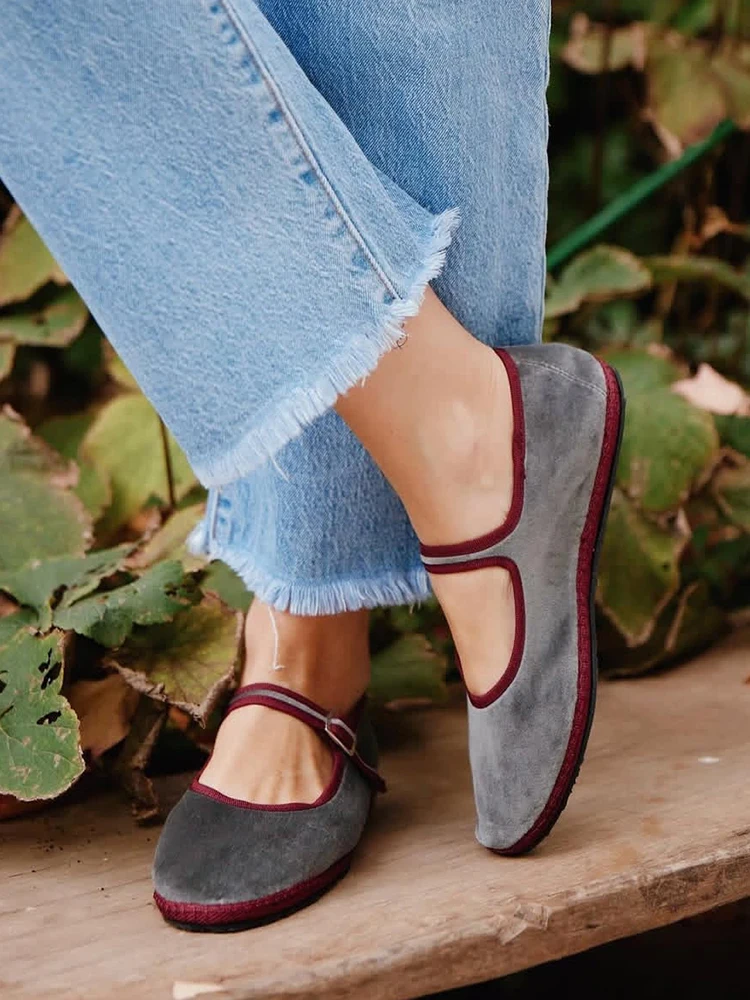 Grijze Mary Jeans Flats Schoenen Dames Ronde Neus Handsteek Fluwelen Doek Schoenen Dames Casual Zachte Comfortabele Balletschoenen Loafers - afbeelding 2