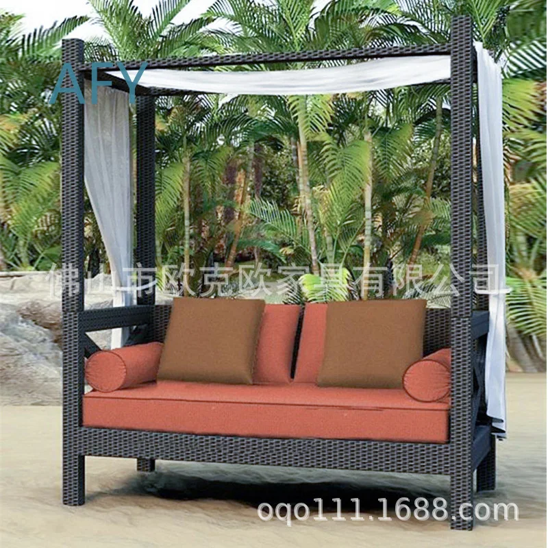 Rattan Lounge Chair Sofa for Villa Garden Outdoor Patio Beach with Sunshade Canopy for T695
