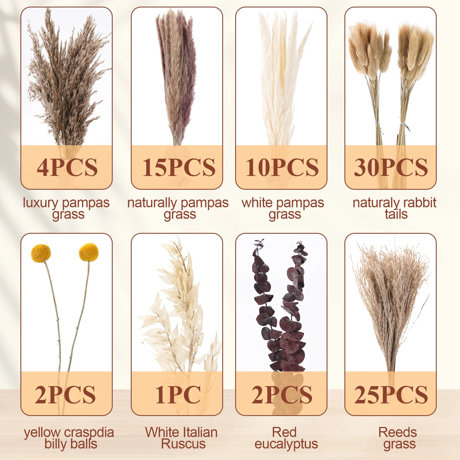 Outono seco fofo pampas coelho caudas boho casa 8 variedades natureza buquê de flores sala estar vaso decoração casamento casais presente