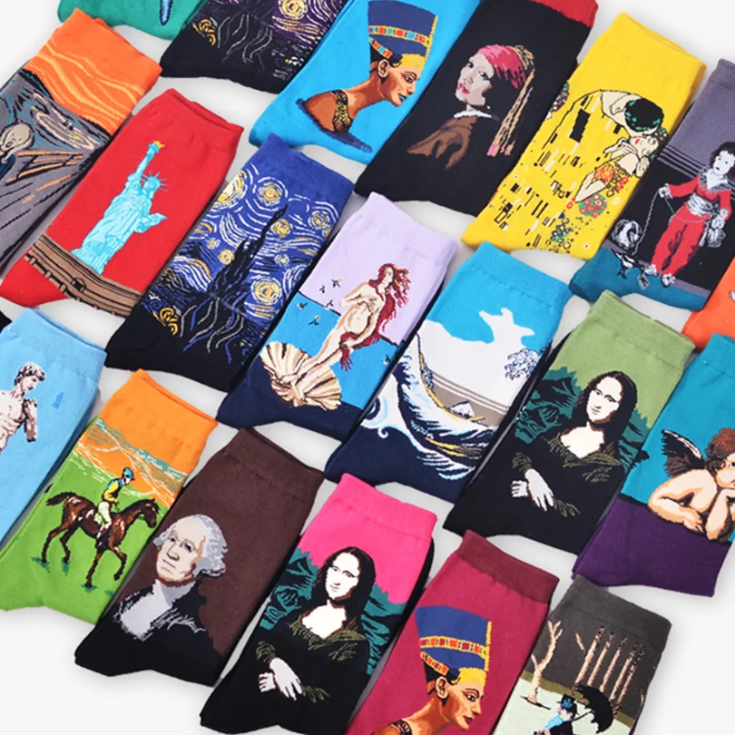 Fashion Art Cotton Crew Printed Socks Painting Pattern Women Harajuku Design Sox Calcetine Van Gogh Novelty Funny Drop Ship