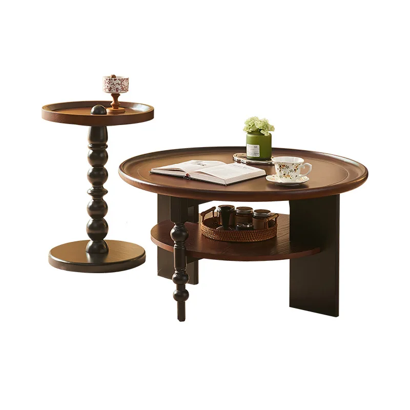 

French retro solid wood round table medieval living room household double-layer coffee table side table combination designer