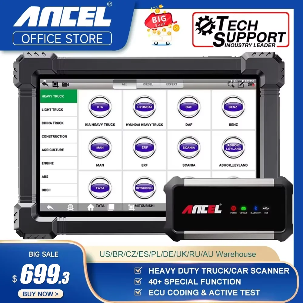 

ANCEL X7 HD Heavy Duty Truck Diagnostic Tool Bluetooth OBD2 All System Oil D-P-F Regen ECU Reset 12V 24V Diesel Truck Scanner