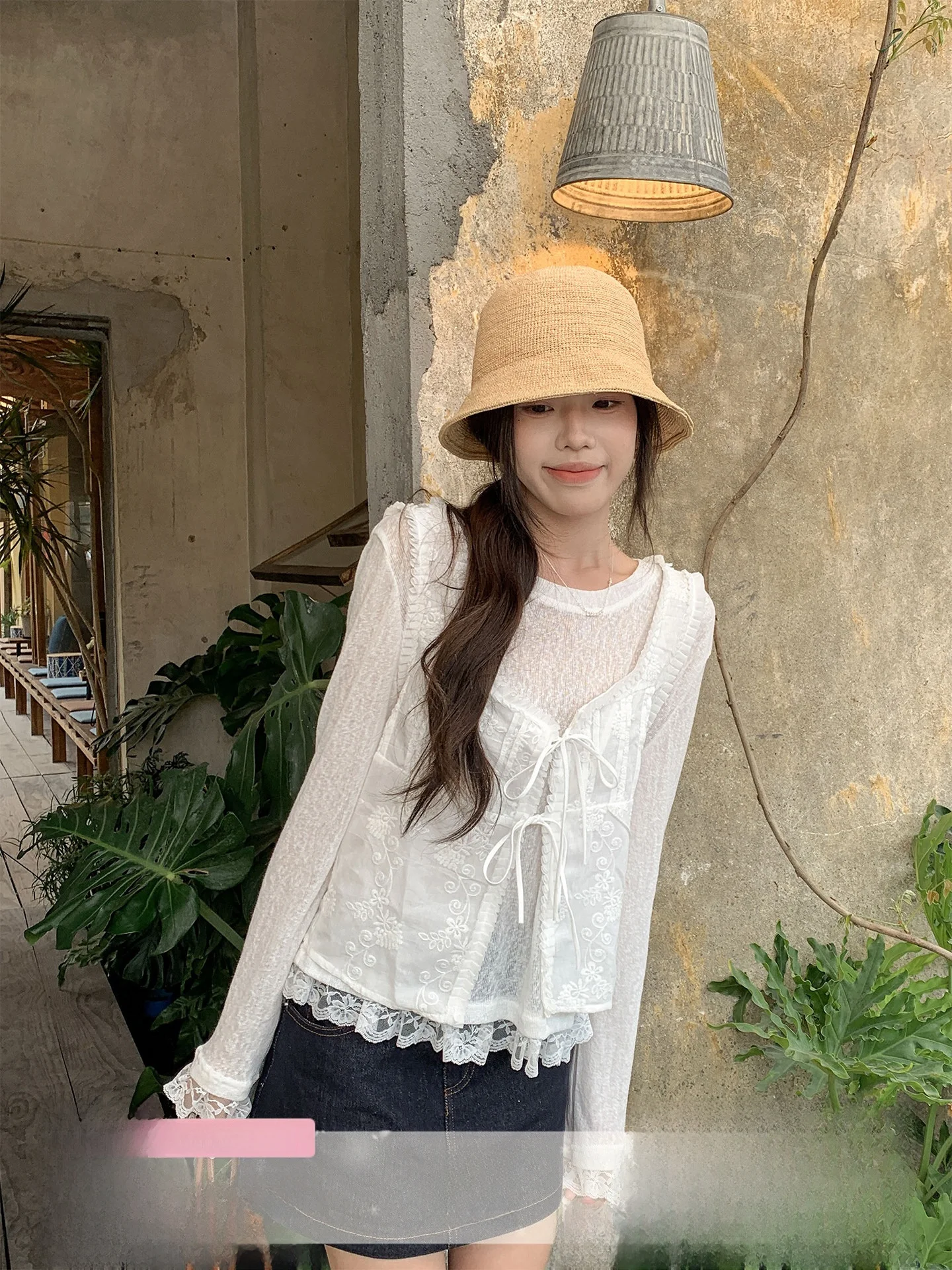 

Women's Early Spring Fashion Set round Neck Long Sleeve Vest T-Shirt Two-Piece Suit Korean Style Wood Grain Belted Vest