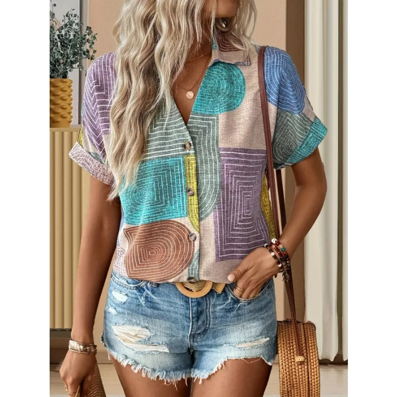

Plus Size 1XL-5XL New Summer Women's Casual Button V-neck Printed Shirt Women Fashion Short Sleeve T-shirt Tops