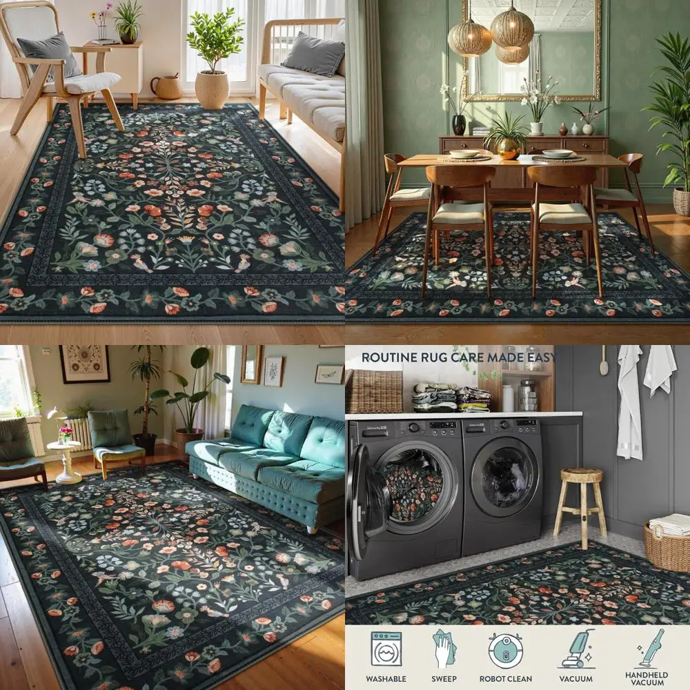 

9x12 Area Rugs for Living Room, Non-Slip, Stain Resistant, Washable Ultra-Thin Soft Carpet, Vintage Botanical Design