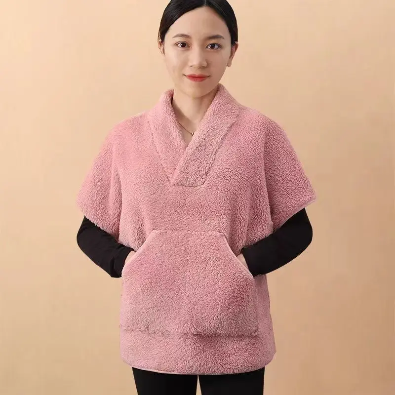 Double-sided Coral Velvet Vest Women Korean Fashion Loose V-neck Short Sleeve Soft 2024 Casual Warm Solid Bottoming Waistcoat