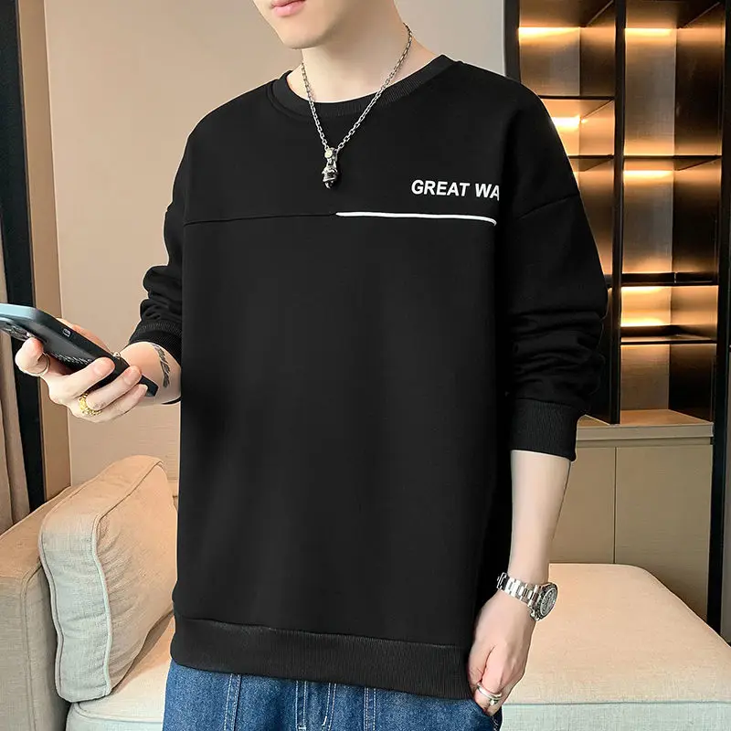 

Men's Spring and Autumn New Solid Color Sweater Trendy Versatile Fashion Long Sleeve Printed Top