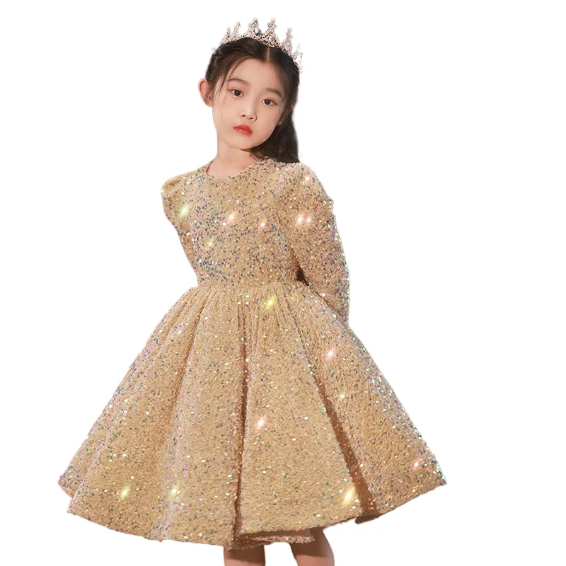 3-14 Yrs Flower Girls Dress Wedding Birthday Dress Golden Sequin Lace First Communion Dresses for Girls Baptism Party Vestidos