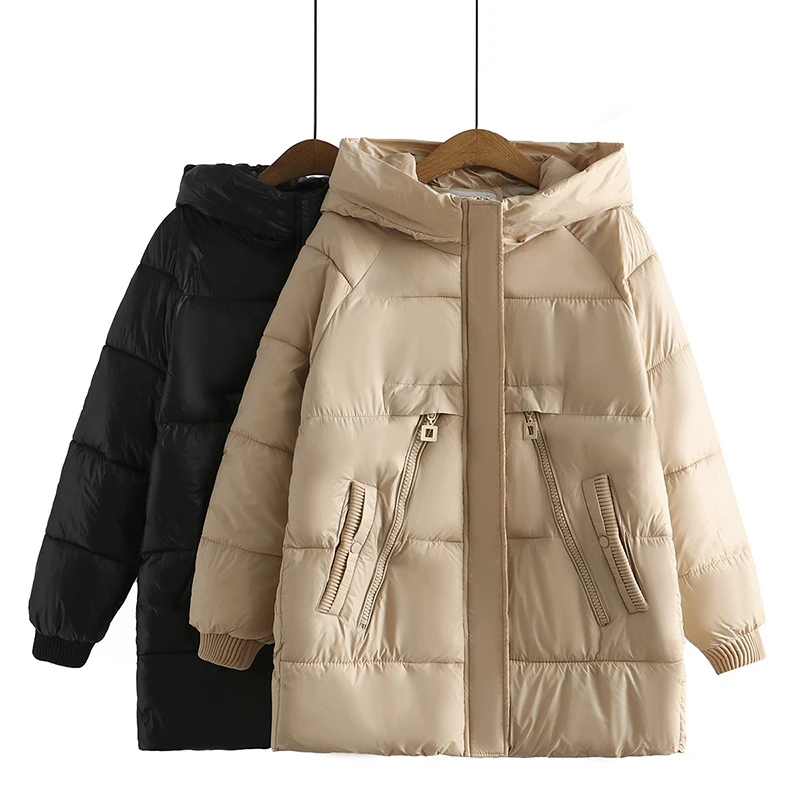 

Women Cotton Parkas Winter New Padded Jackets Threaded Cuffs Zipper Hooded Stand Collar Loose Mid-Length Outwear Apricot Coats