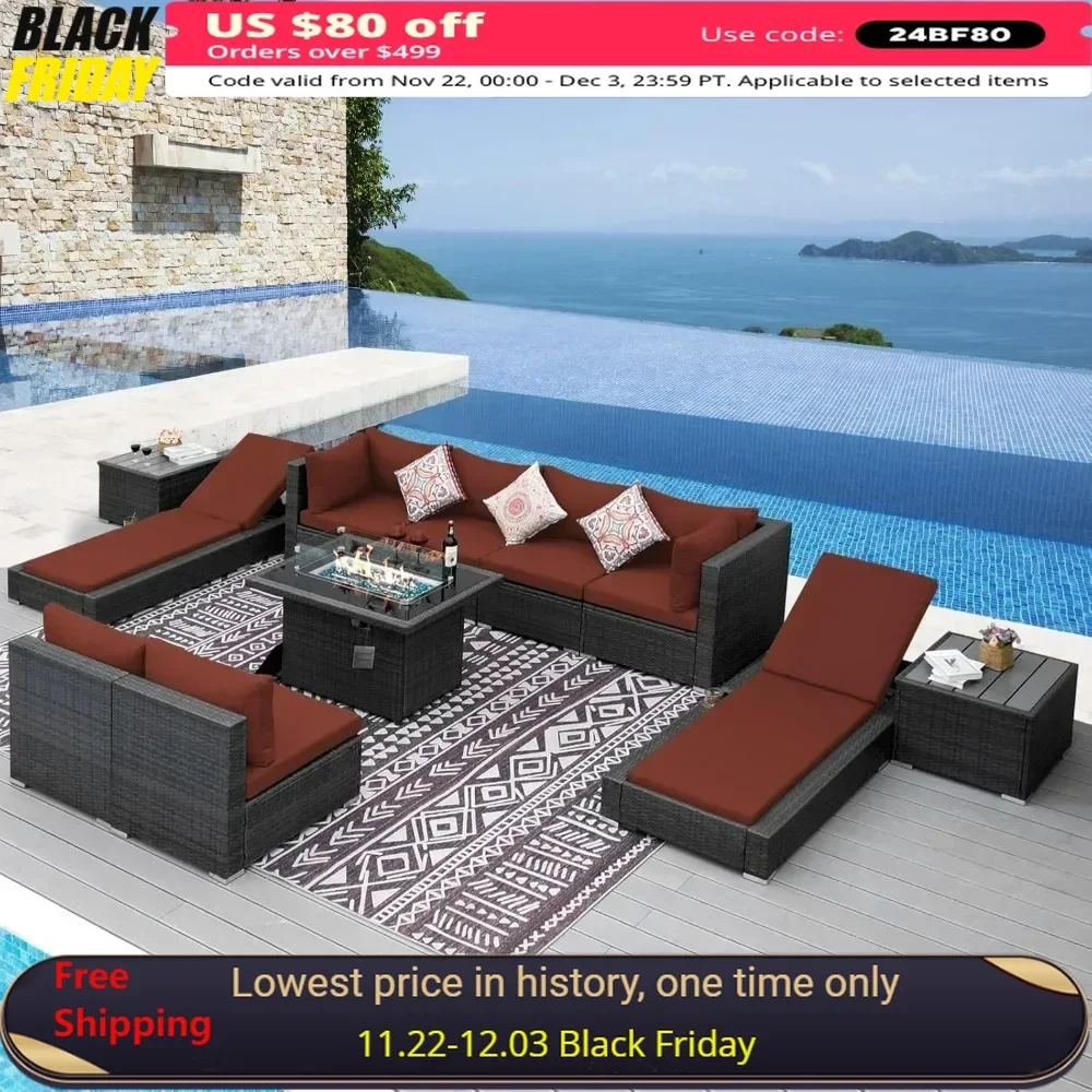 

Luxury Outdoor Wicker Sectional Furniture Set with Propane Fire Pit Table Lounge Chair Side Table, Modular Conversation Sofa Set