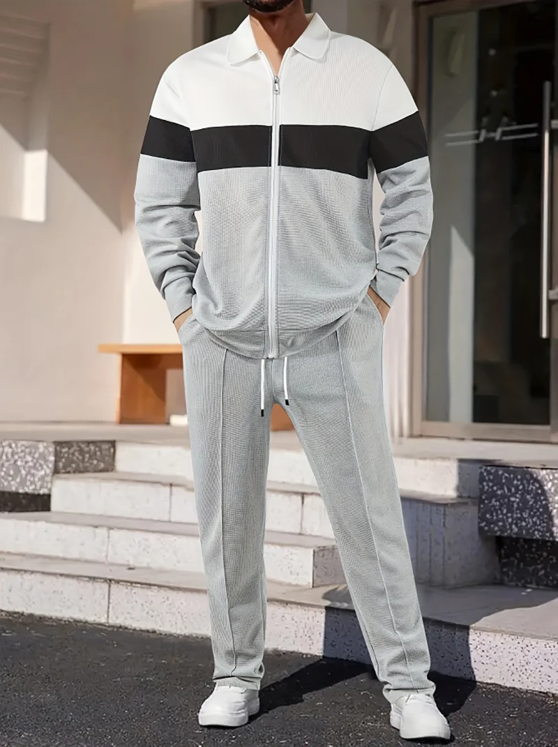 

Waffle Men's Clothes Sets Spring Autumn Fashion Top Clothing Male Zipper Luxury Design Outerwear Party Daily Long Sleeves Pants