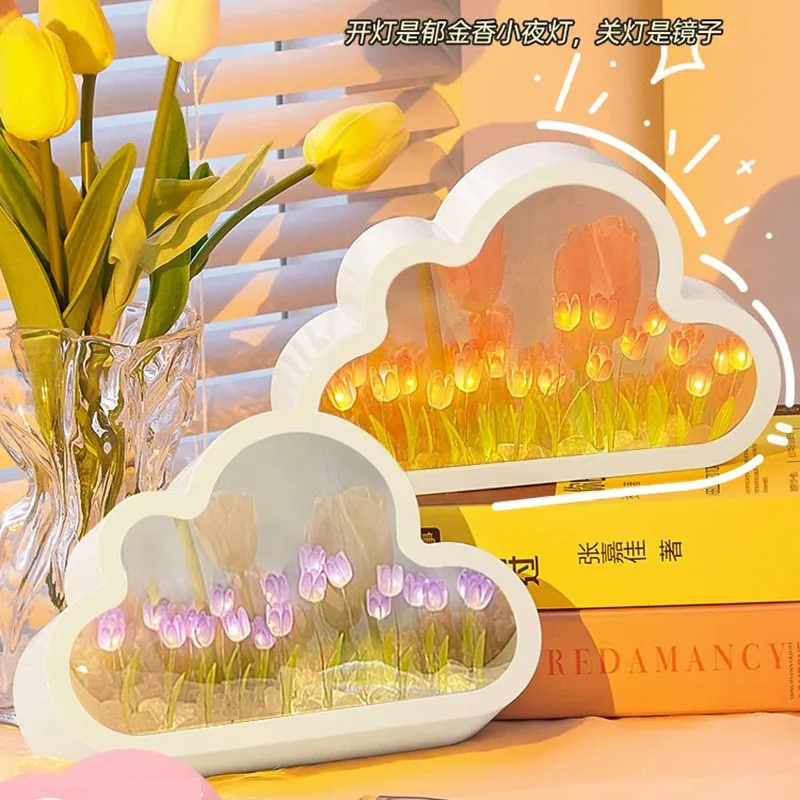 Handmade Cloud Tulip Mirror Nightlight, DIY Coração Nightlight, Living Room Tabletop Decoration, Birthday Gift, Holiday Gift